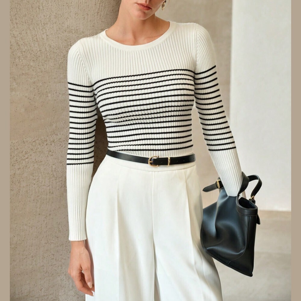 Cream Ribbed Knit Black Striped Crew Neck Sweater - Picture 6 of 8